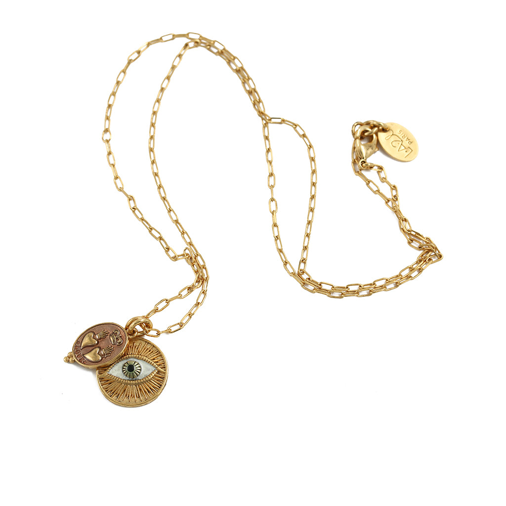 Collier Sacha médaille double coeur